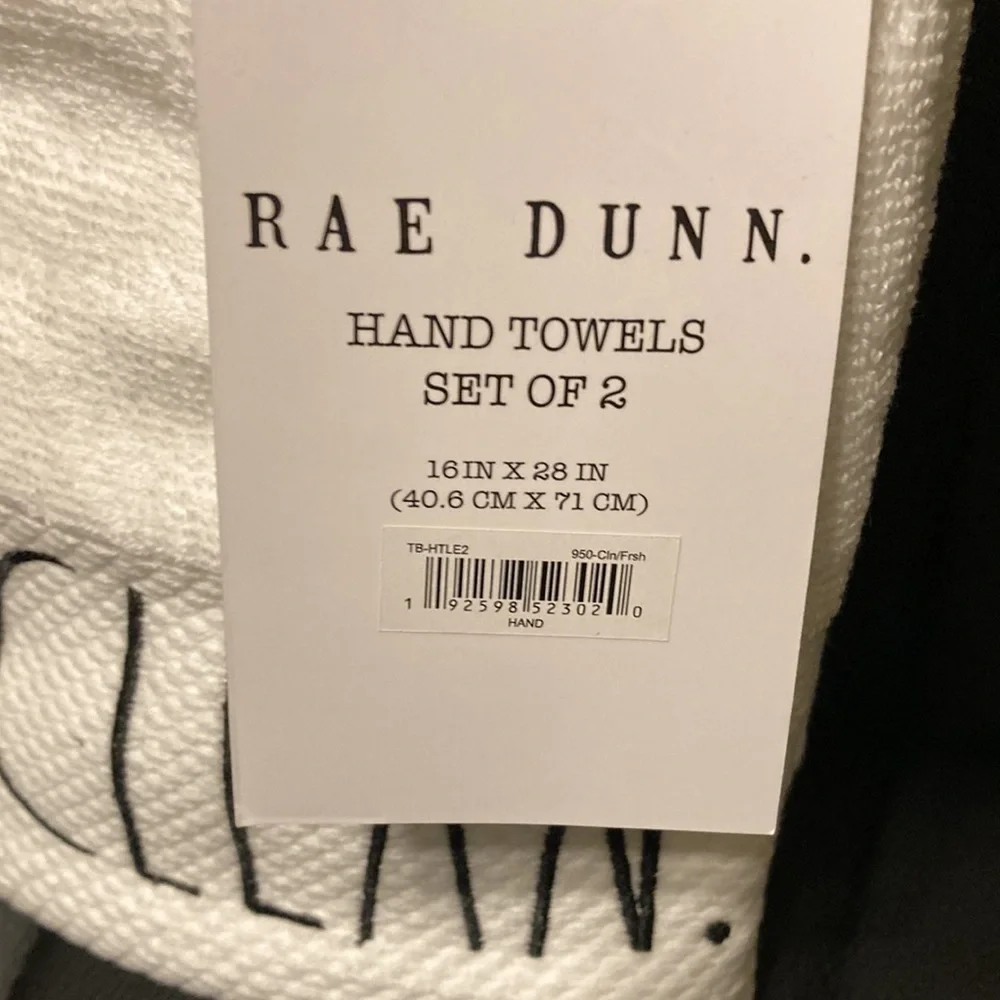 NWT NEW RAE DUNN CLEAN/FRESH WHITE W/BLACK SET OF 2 HAND TOWELS